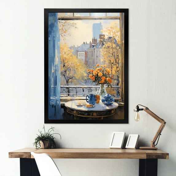 Designart "Floral Windows in Yellow for NYC I" Cityscapes Framed Wall Art - Industrial Yellow New York City Entryway Framed Wall Art