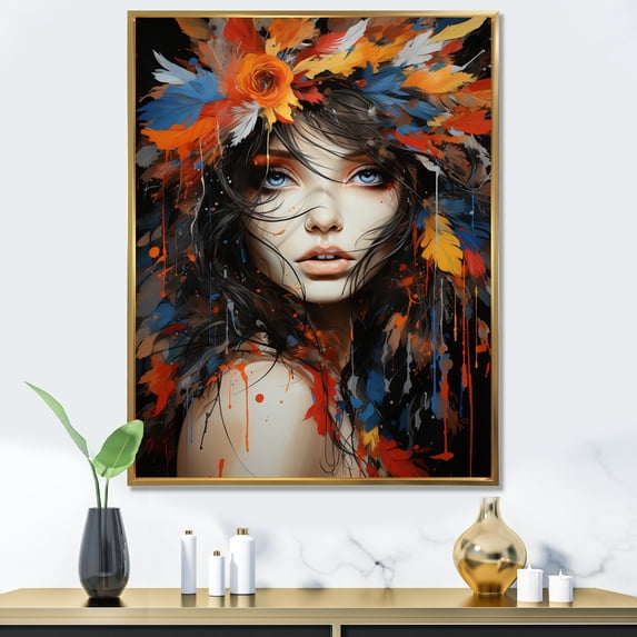 Designart "Floral Woman Autumn Portrait I" Fashion Floater Framed Canvas Art Print