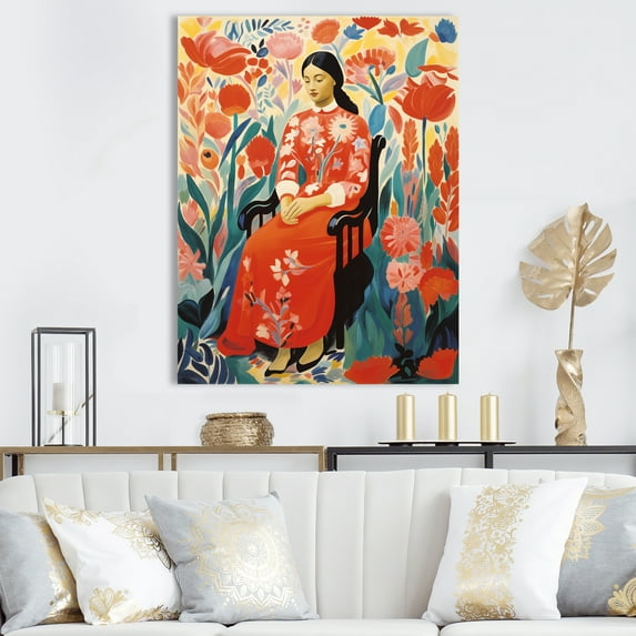 Designart "Floral Woman Portrait Mexican Elegance I" Fashion Canvas Wall Art - Glam Red Woman Mexican Bedroom Canvas Wall Art