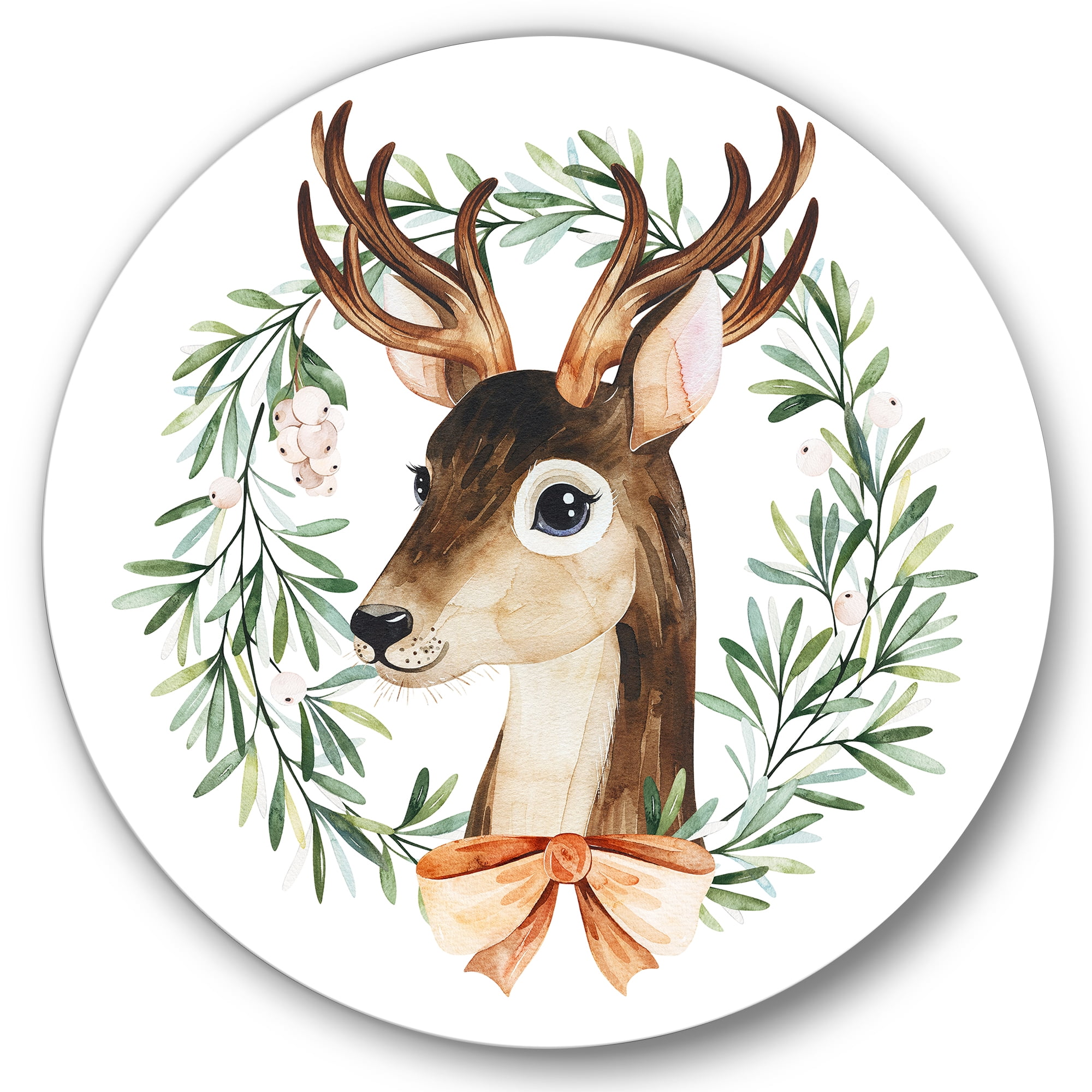 Designart 'Floral Wreath Isolated On White Over Deer' Farmhouse Circle Metal Wall Art 29x29 - Disc of 29