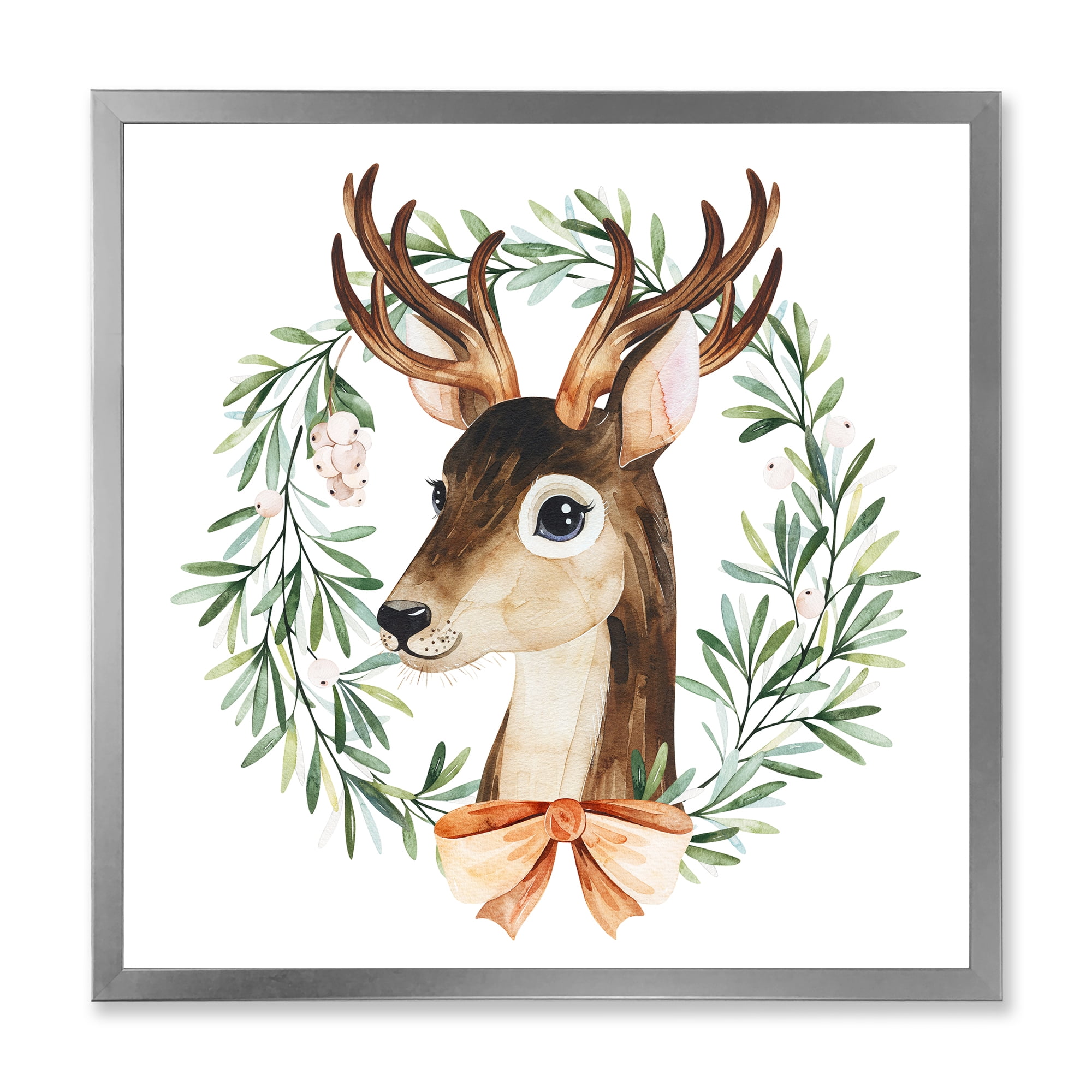 Designart 'Floral Wreath Isolated On White Over Deer' Farmhouse Framed Art Print