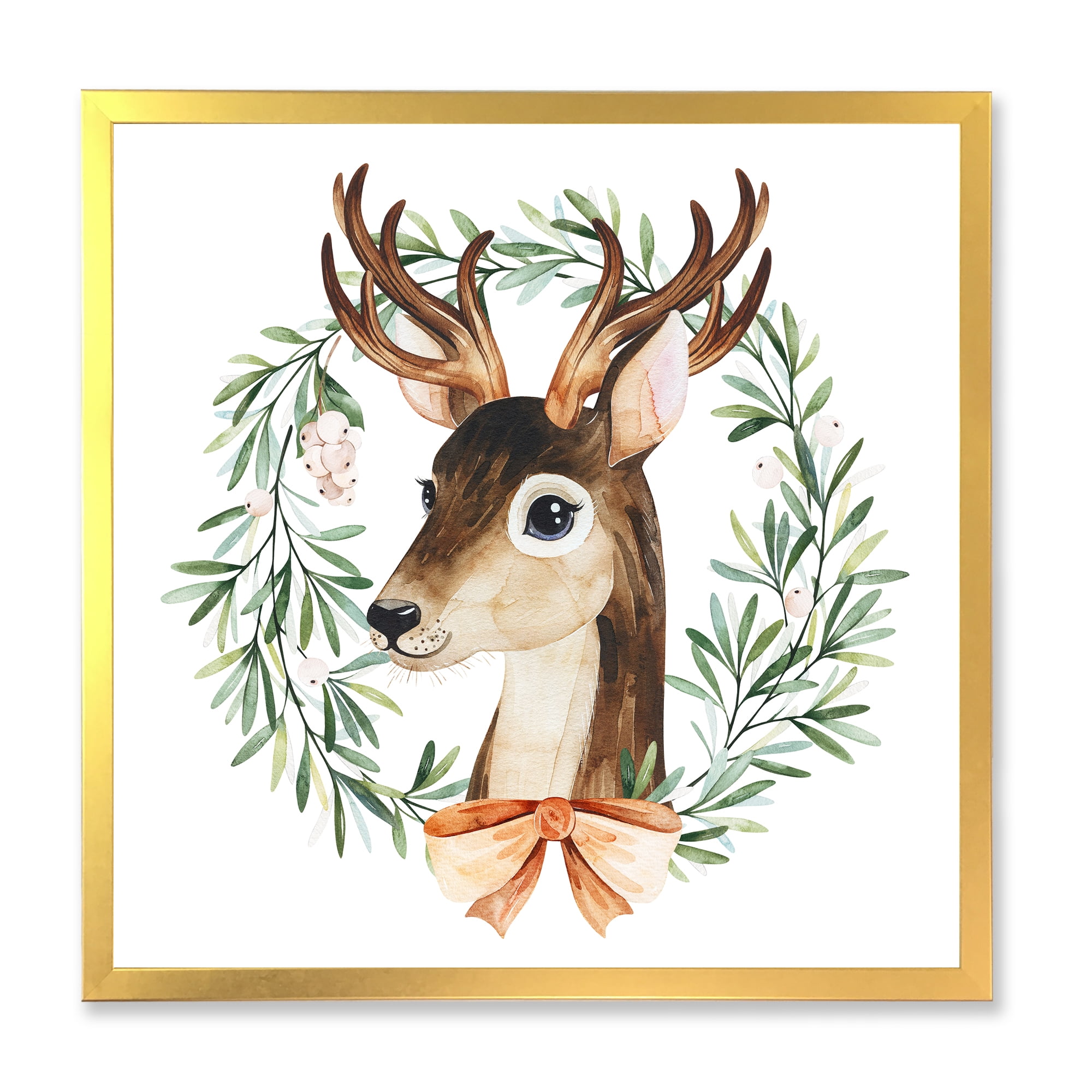 Designart 'Floral Wreath Isolated On White Over Deer' Farmhouse Framed Art Print