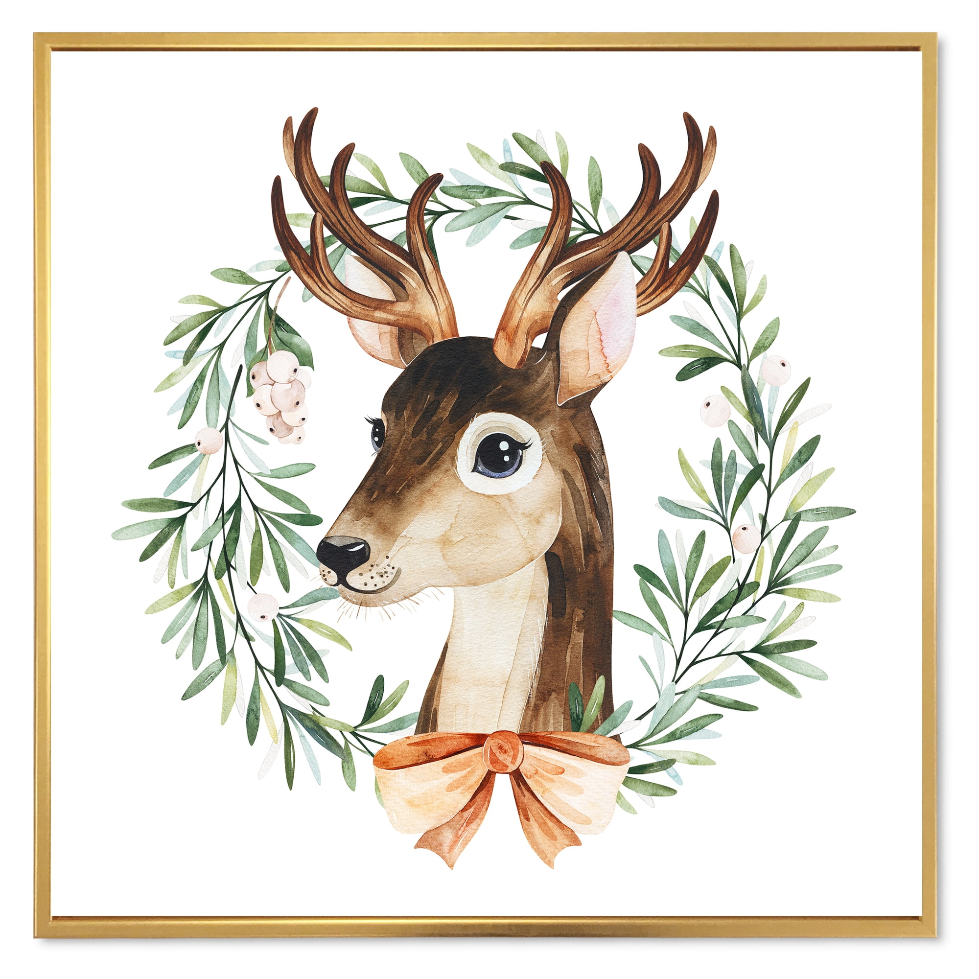 Designart 'Floral Wreath Isolated On White Over Deer' Farmhouse Framed Canvas Wall Art Print