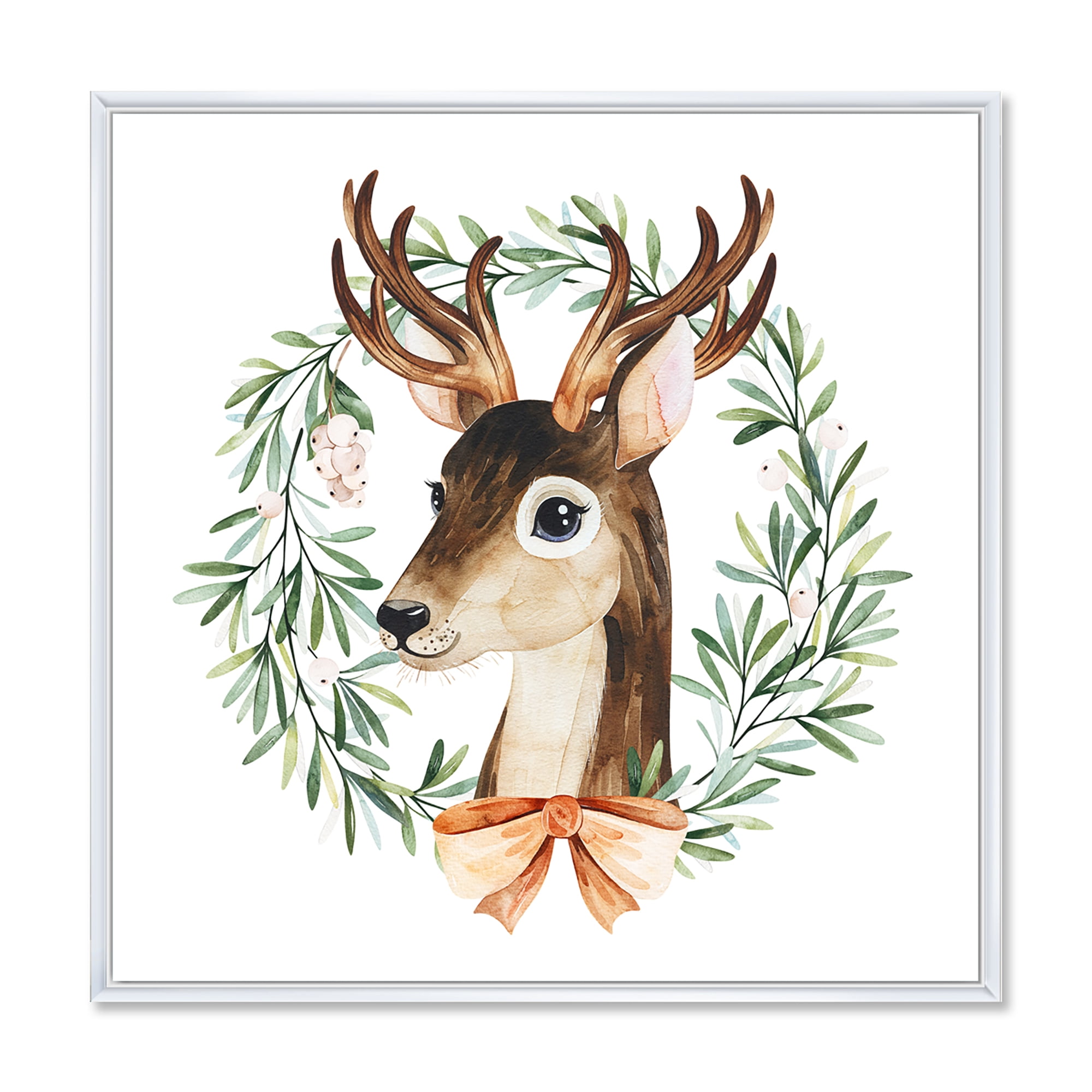 Designart 'Floral Wreath Isolated On White Over Deer' Farmhouse Framed Canvas Wall Art Print