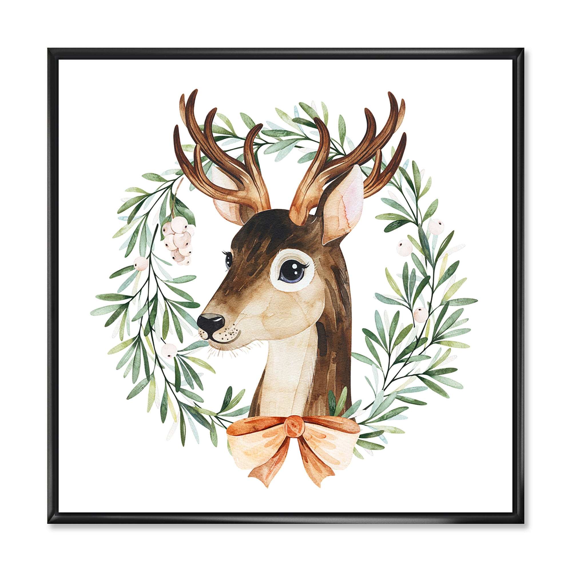 Designart 'Floral Wreath Isolated On White Over Deer' Farmhouse Framed Canvas Wall Art Print