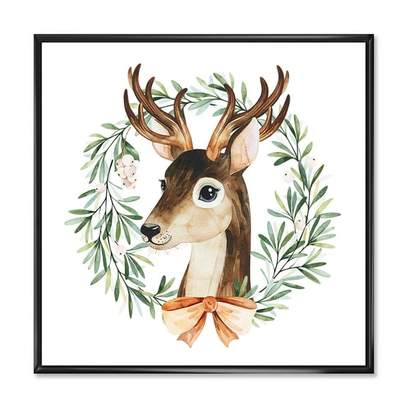 Designart 'Floral Wreath Isolated On White Over Deer' Farmhouse Framed Canvas Wall Art Print
