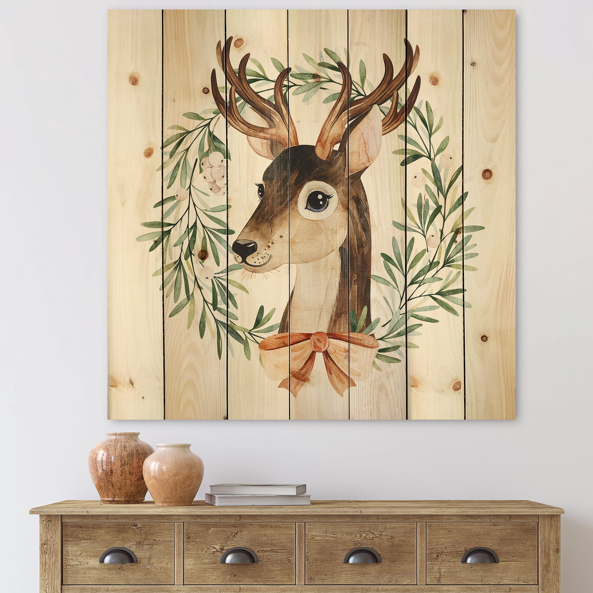 Designart 'Floral Wreath Isolated On White Over Deer' Farmhouse Print on Natural Pine Wood