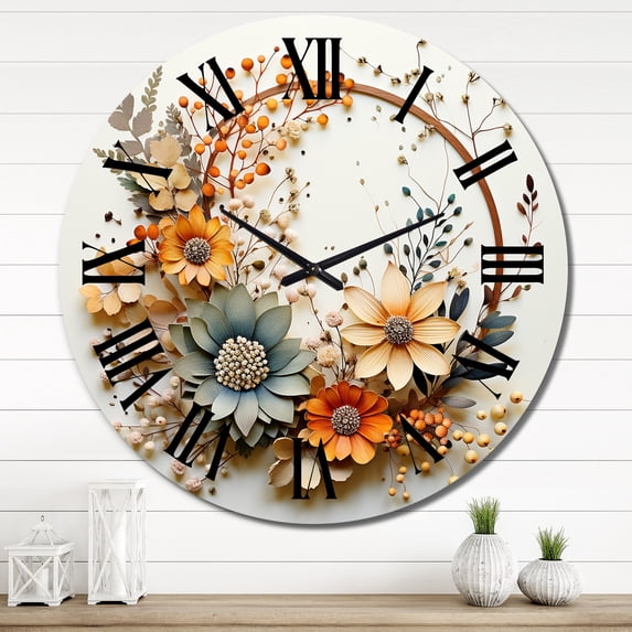 Designart "Floral Wreath in Beige and Orange I" Floral Oversized Wall Clock