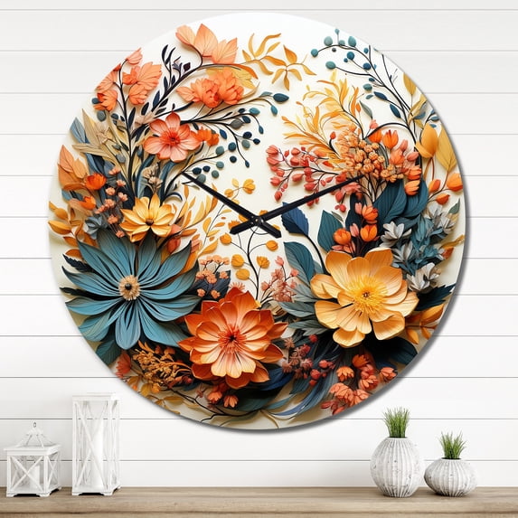 Designart "Floral Wreath in Beige and Orange III" Floral Oversized Wall Clock