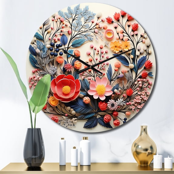 Designart "Floral Wreath in Beige and Orange IV" Floral Oversized Wall Clock