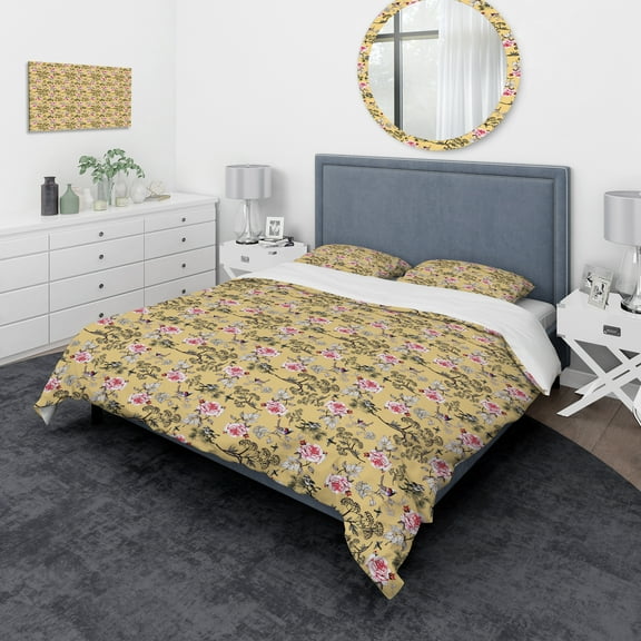 Designart 'Floral and Birds in Yellow Background' Traditional Duvet Cover Set