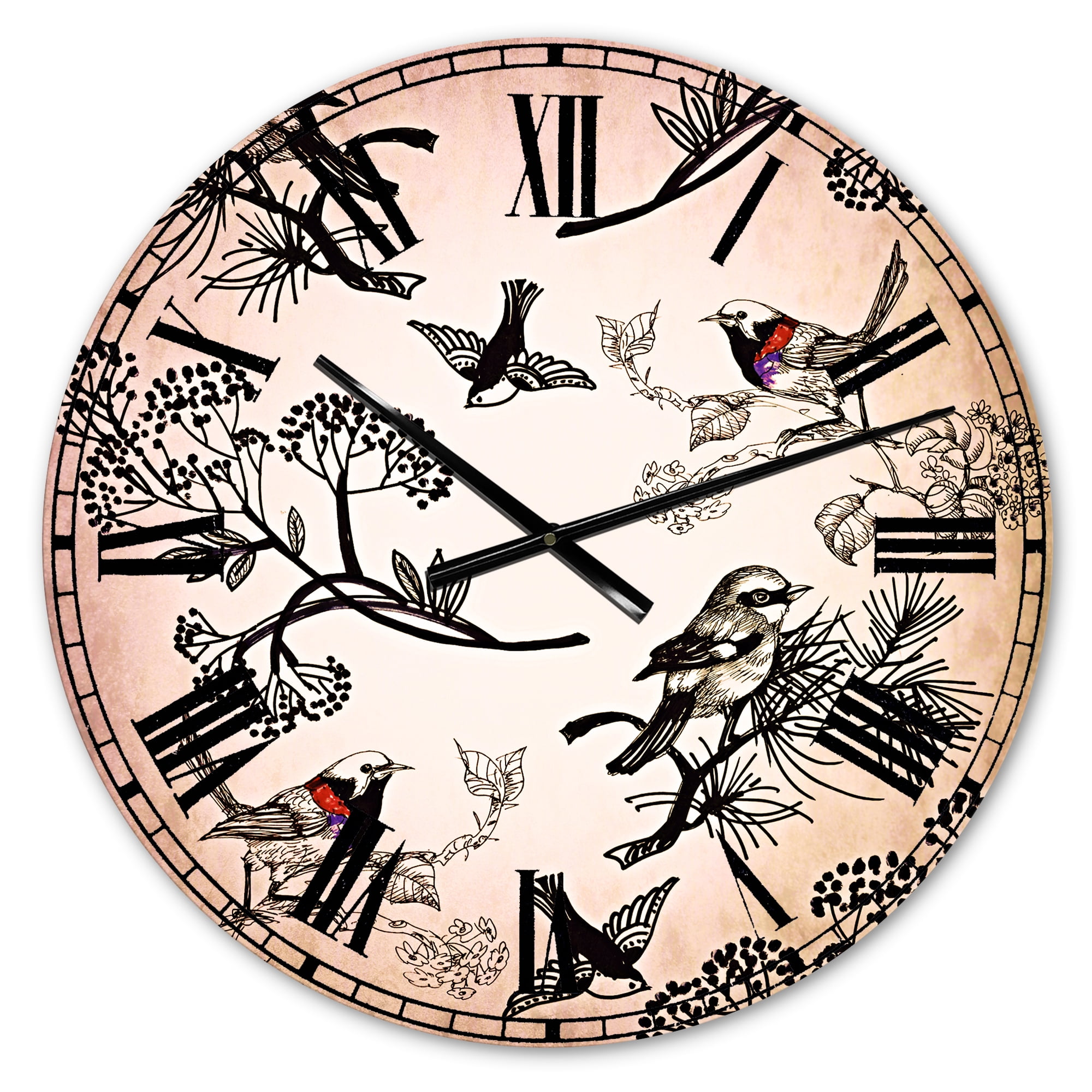 Designart 'Floral pattern with birds' Traditional Wall Clock