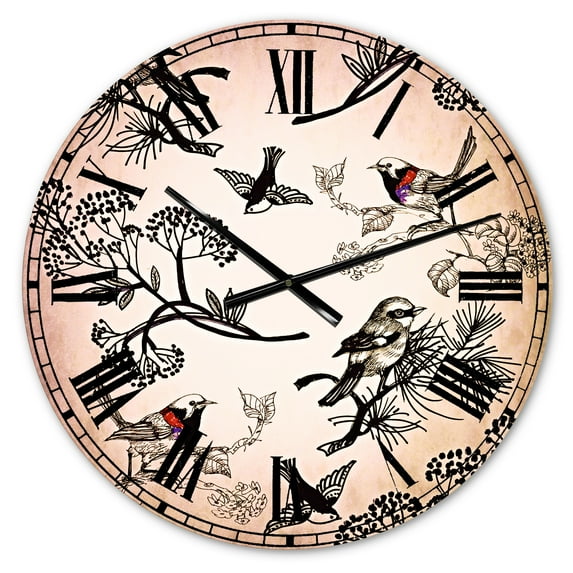 Designart 'Floral pattern with birds' Traditional Wall Clock