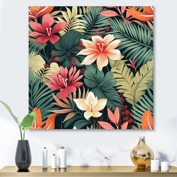 Designart "Florals with Palm Leaves in Jungle Pattern III" Landscapes Wall Art - Tropical Pink Jungle Hallway Wall Art Decor