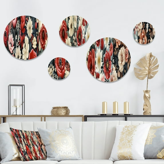 Designart "Flourishing Pink Poppies In Vintage Gardens" Floral Round Wall Art Set Of 5 - Pink Cottage Office Room Wall Art Set