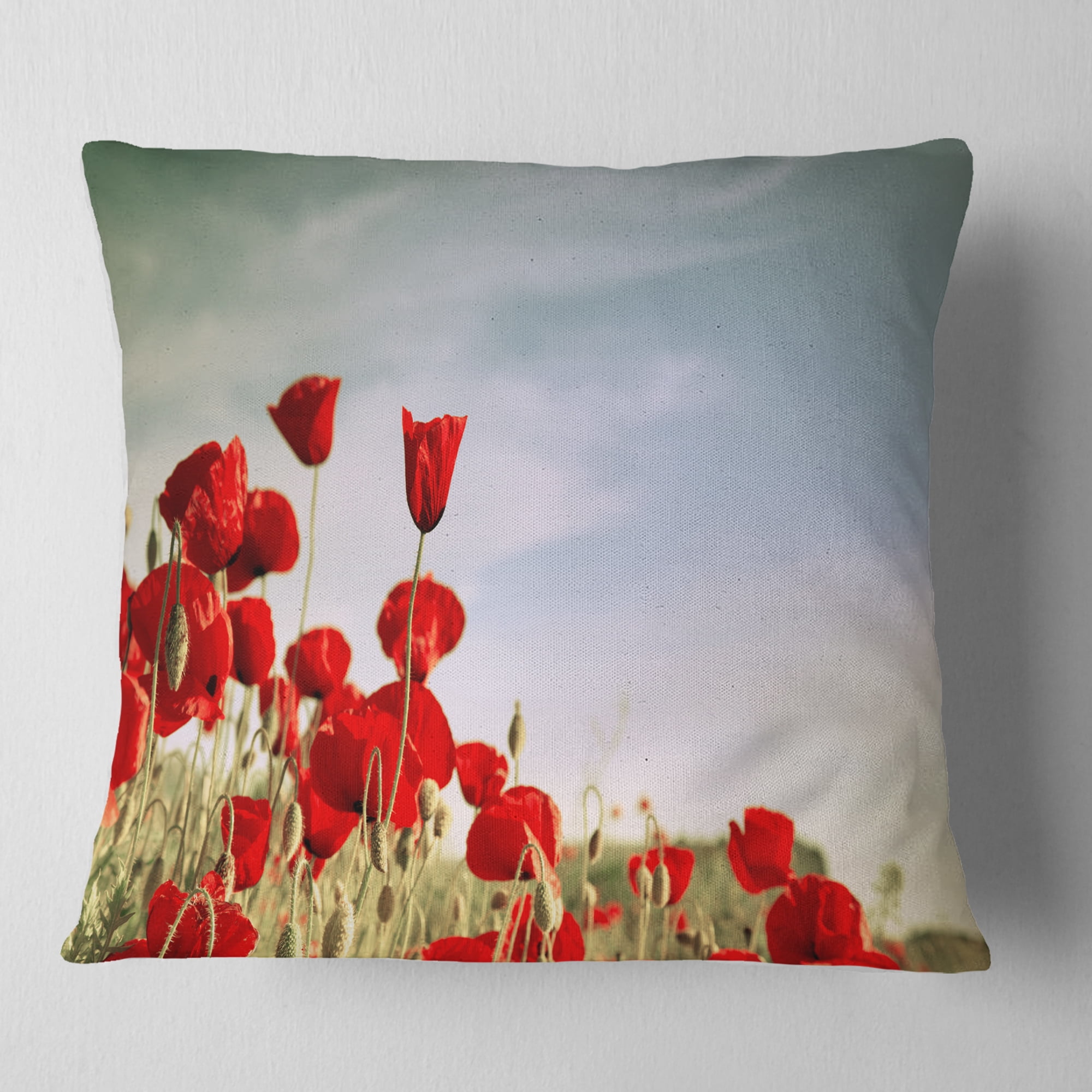 Designart Flourishing Red Poppies - Floral Throw Pillow - 16x16