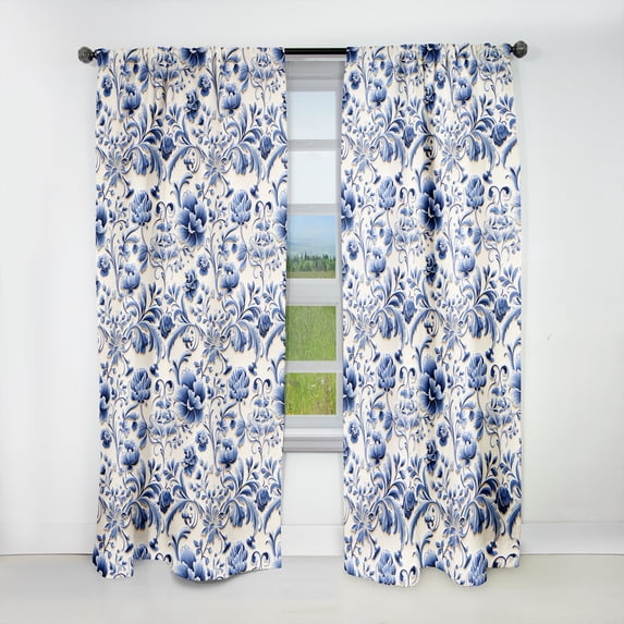Designart "Flourishing Renaissance In Cobalt Blue" Floral Blackout Curtain Panels