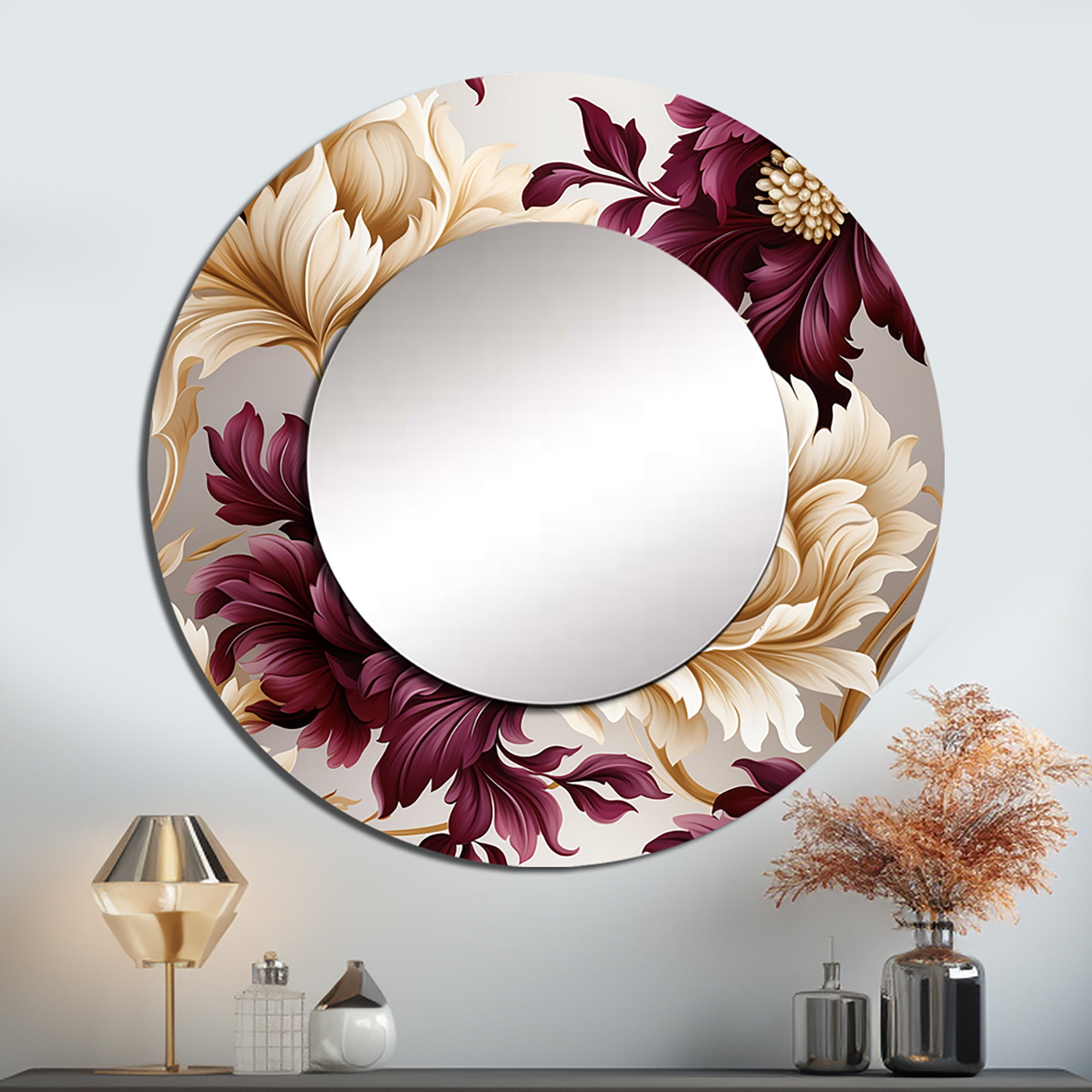 Designart "Flourishing Royal Victorian V" Floral Round Mirror Wall ...