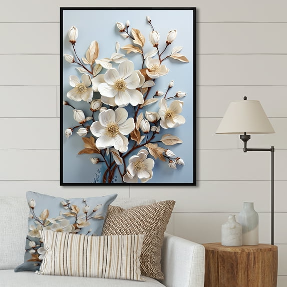 Designart "Flourishing Tranquil White Dogwood III" Dogwood Floater Framed Canvas Art Print