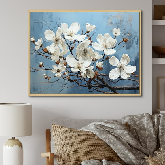 Designart "Flourishing Tranquil White Dogwood V" Dogwood Floater Framed Wall Art Living Room
