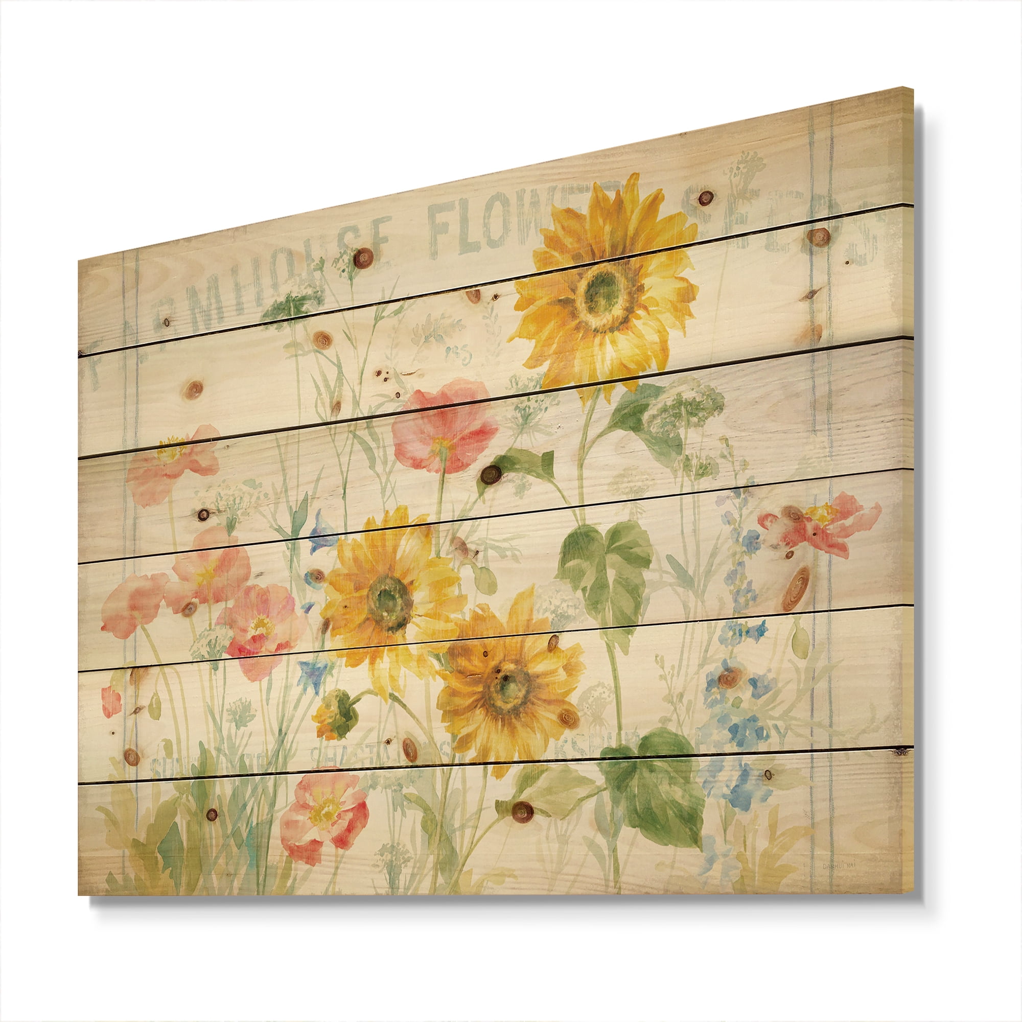 Designart 'Floursack Florals I' Floral & Botanical Print on Natural Pine Wood