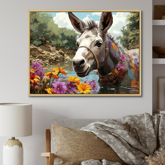 Designart "Flower Charm of Farmhouse Donkeys III" Animals Framed Wall Art - Modern Farmhouse Grey Donkey Bedroom Framed Canvas Wall Art