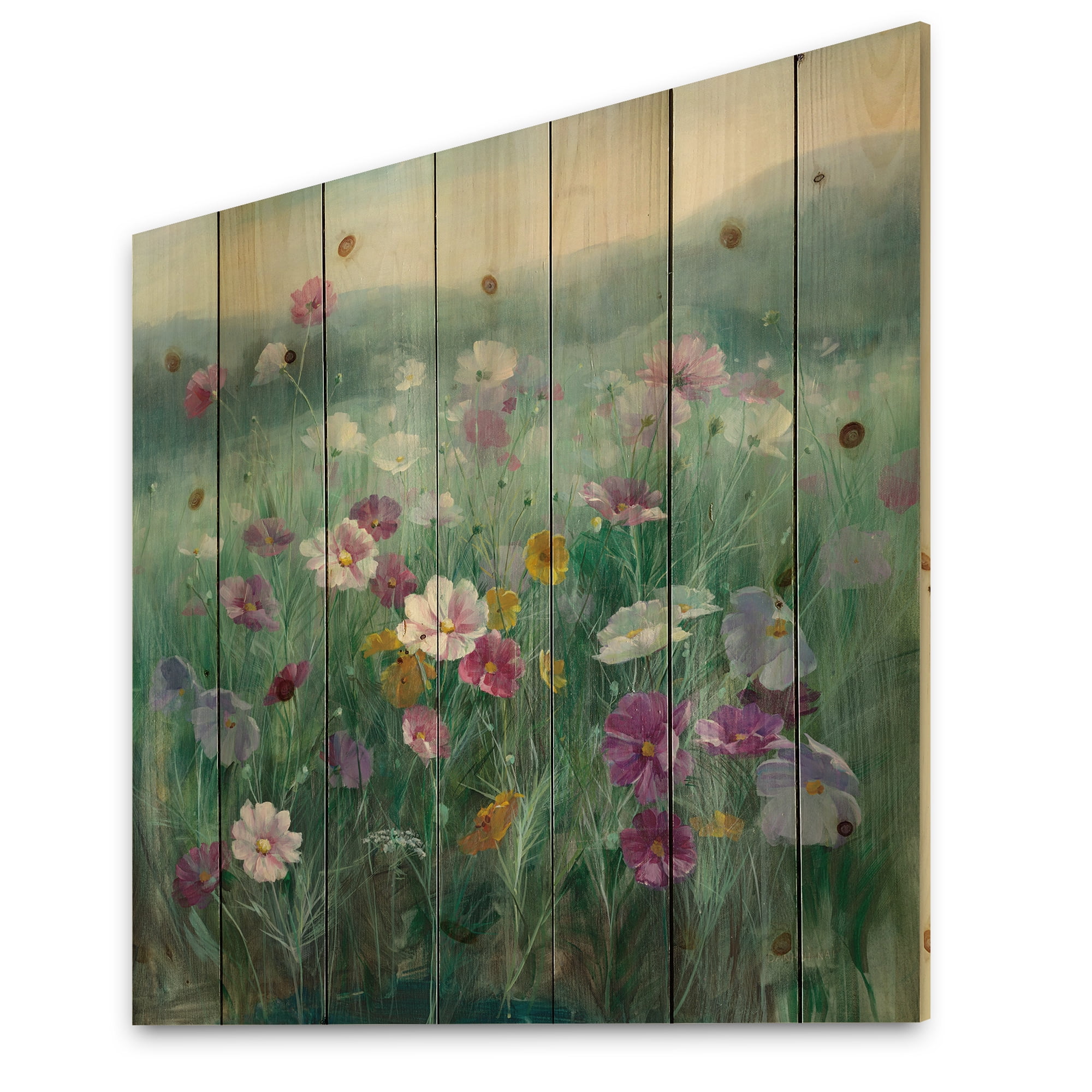 Designart 'Flower Field Meadow' Floral Farmhouse Print on Natural Pine Wood