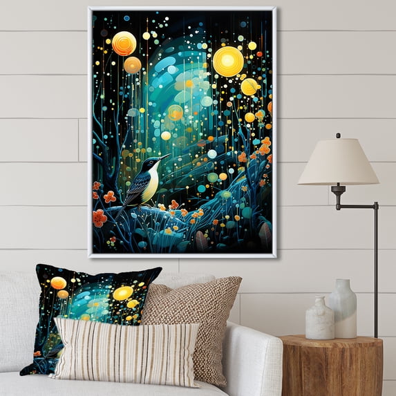 Designart "Flower Serenity Woodpecker Night" Animals Framed Wall Art - Traditional Yellow Bird Entryway Framed Wall Art