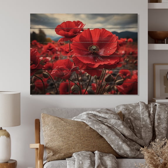 Designart "Flower landscape Crimson Poppies" Floral Print on Natural Pine Wood