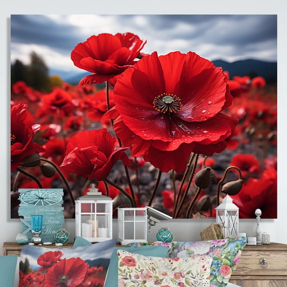 Designart "Flower landscape Crimson Poppies" Floral Wall Art Print