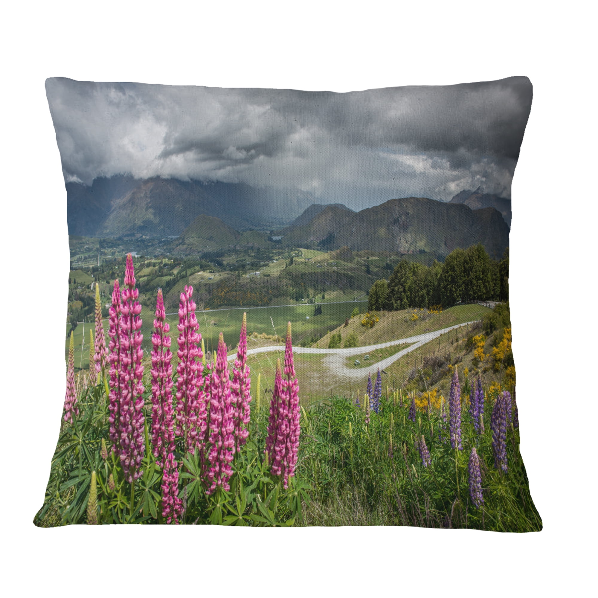 Designart Flowering Landscape of New Zealand - Landscape Printed Throw Pillow - 18x18