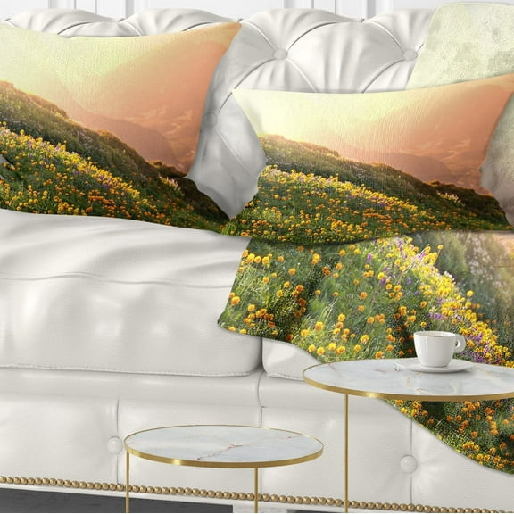 Designart Flowering Mountain Meadow View - Landscape Printed Throw Pillow - 12x20
