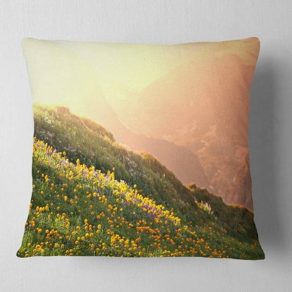 Designart Flowering Mountain Meadow View - Landscape Printed Throw Pillow - 16x16