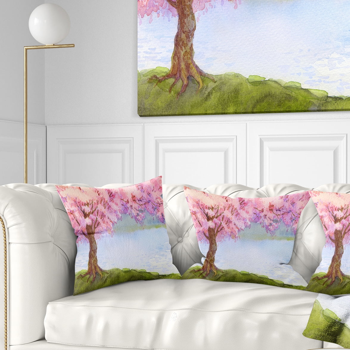 Designart Flowering Pink Tree by Lake - Floral Throw Pillow - 16x16