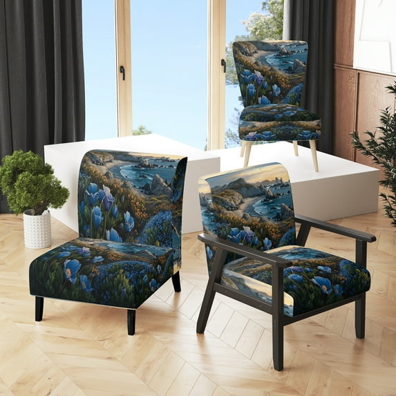 Designart "Flowers Adorning the Coastal Landscape II" Blue Beach Upholstered Accent Chair - Traditional Arm Chair For Bedroom