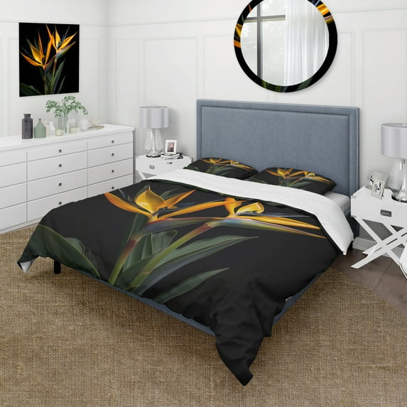 Designart "Flowers Amidst the Birds of Paradise I" Floral Bedding Covert Set - Birds Of Paradise Orange Traditional Bed Set With 2 Shams