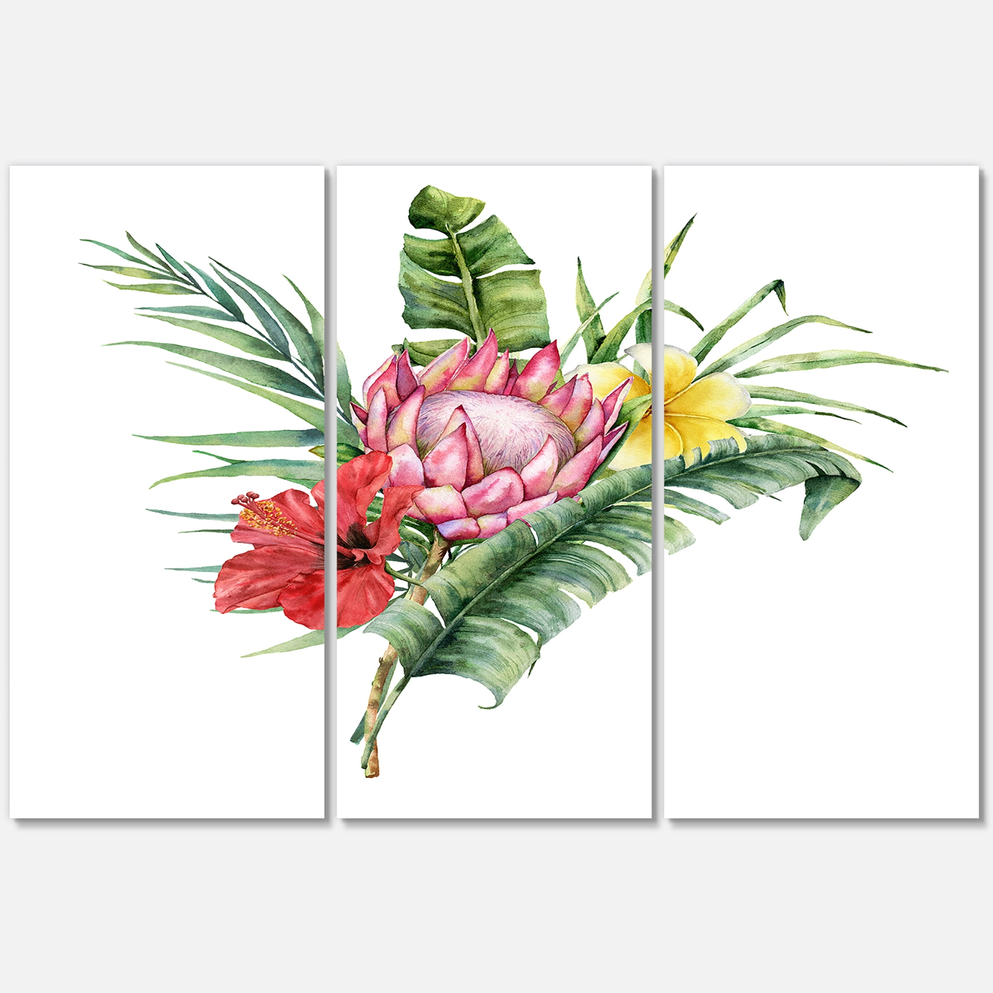 Designart ' Flowers Bouquet With Protea Plumeria Hibiscus ' Traditional Canvas Wall Art Print