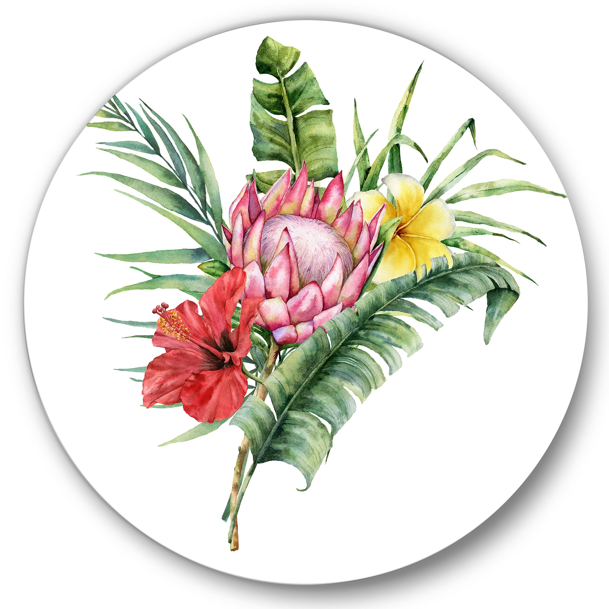 Designart 'Flowers Bouquet With Protea Plumeria Hibiscus' Traditional Circle Metal Wall Art 36x36 - Disc of 36