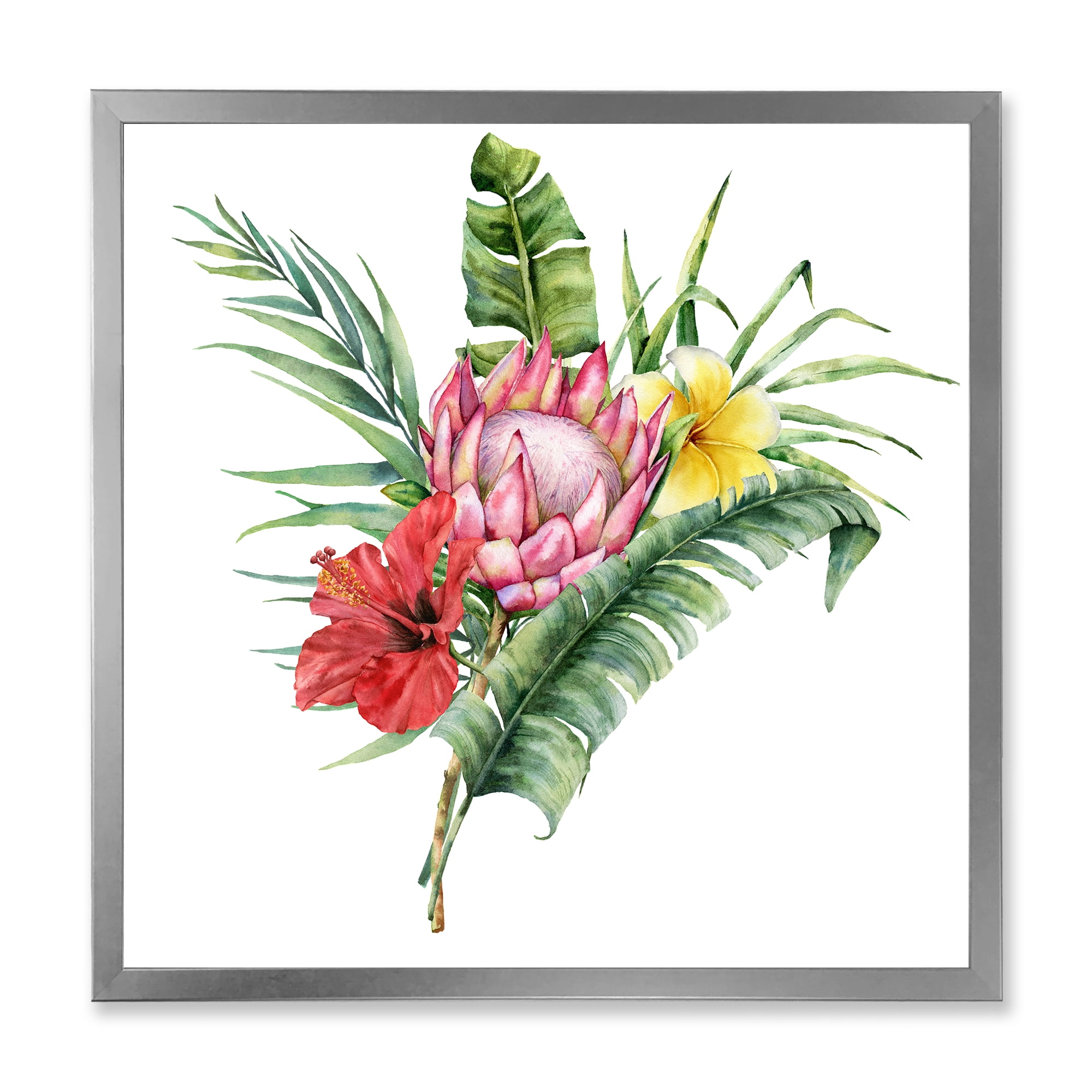 Designart 'Flowers Bouquet With Protea Plumeria Hibiscus' Traditional Framed Art Print