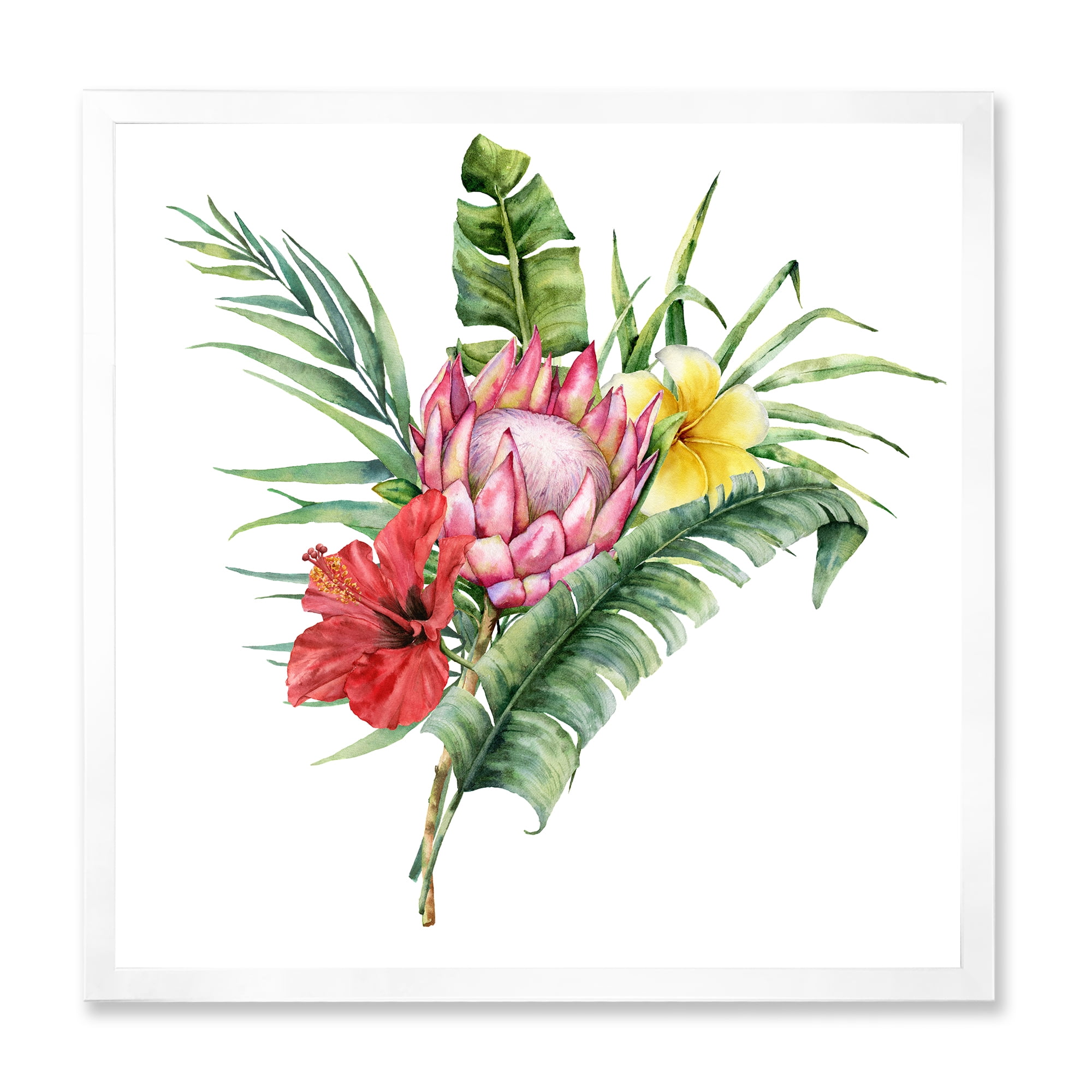 Designart 'Flowers Bouquet With Protea Plumeria Hibiscus' Traditional Framed Art Print