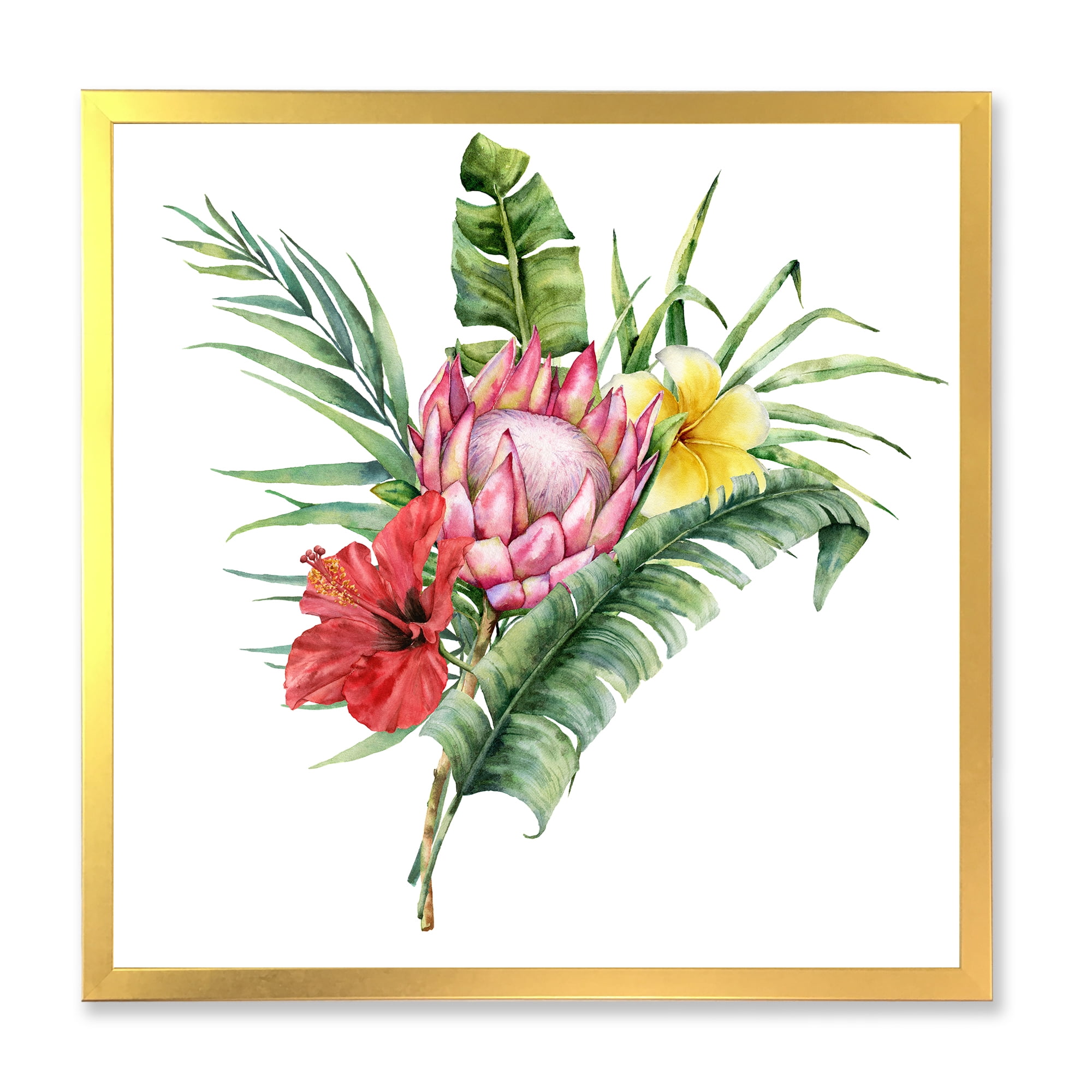 Designart 'Flowers Bouquet With Protea Plumeria Hibiscus' Traditional Framed Art Print