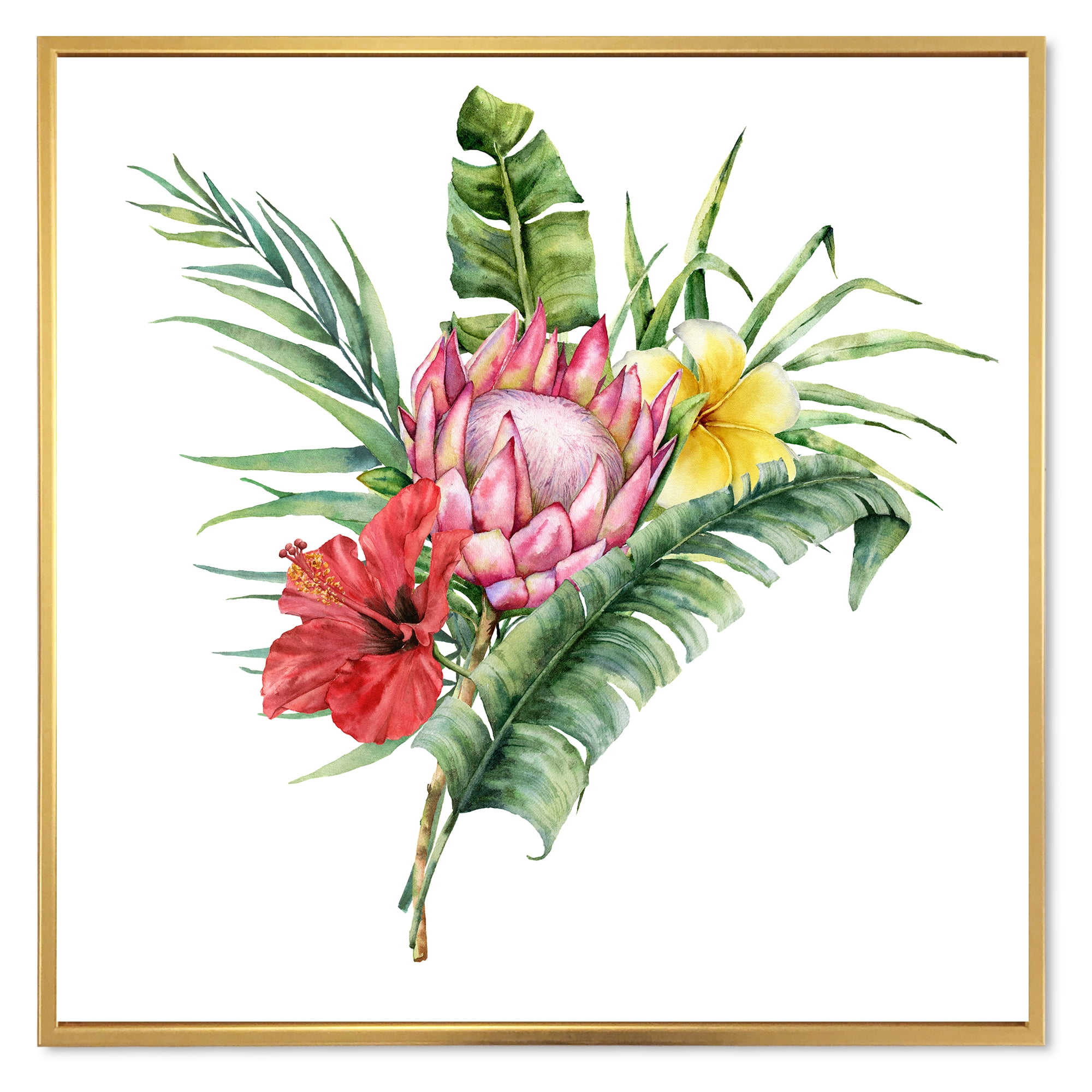 Designart 'Flowers Bouquet With Protea Plumeria Hibiscus' Traditional Framed Canvas Wall Art Print