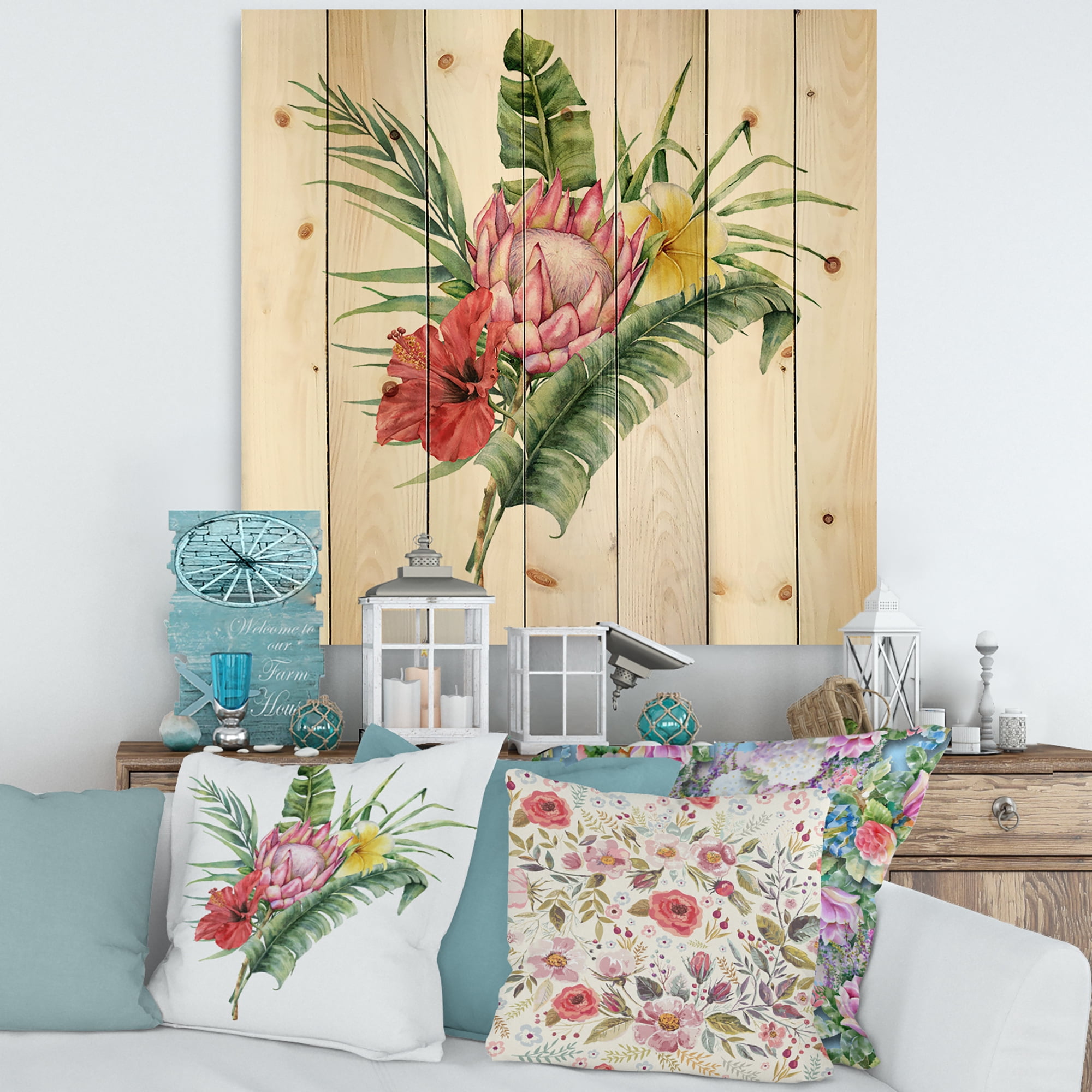 Designart 'Flowers Bouquet With Protea Plumeria Hibiscus' Traditional Print on Natural Pine Wood