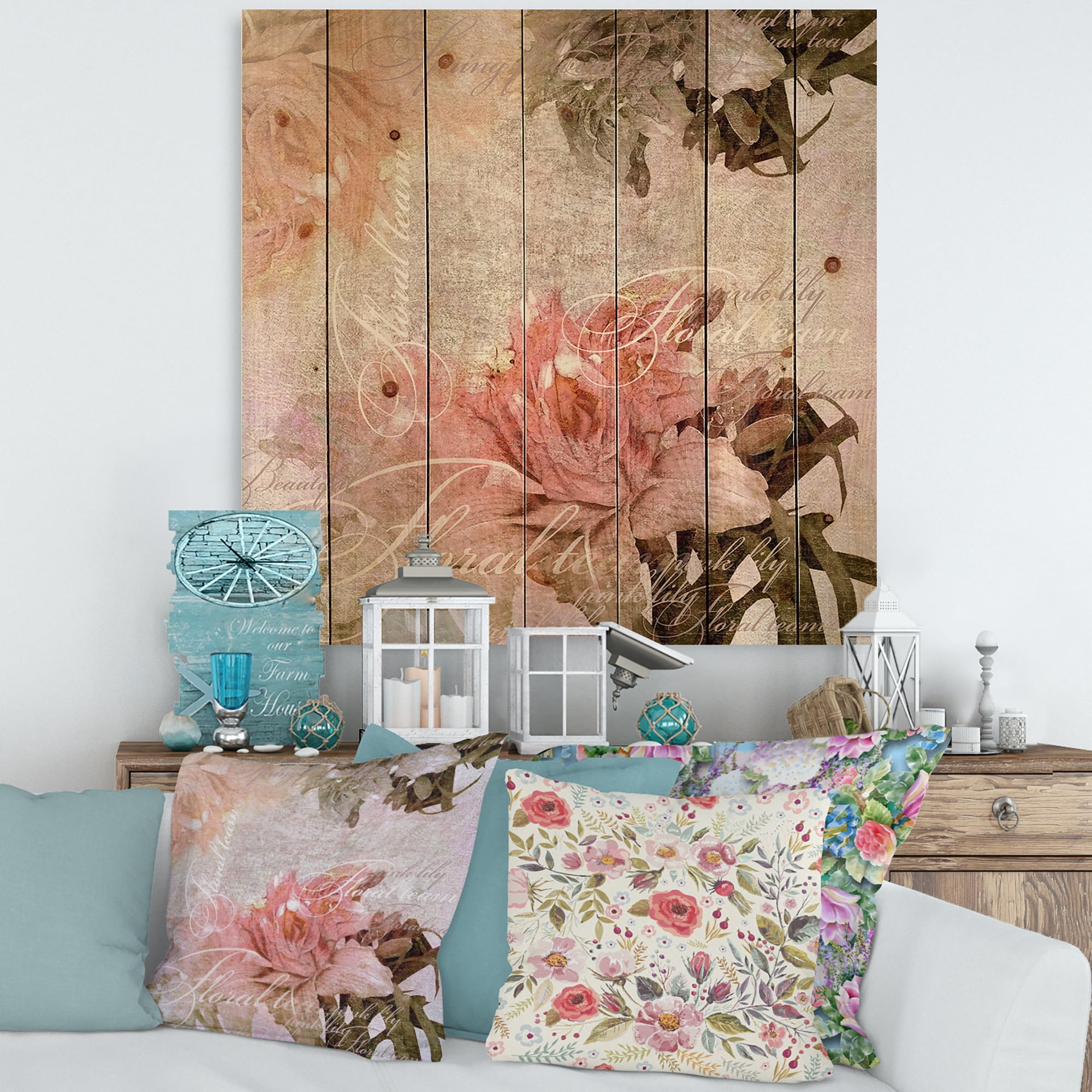 Designart 'Flowers Vintage In Pastel Colours' Traditional Print on Natural Pine Wood