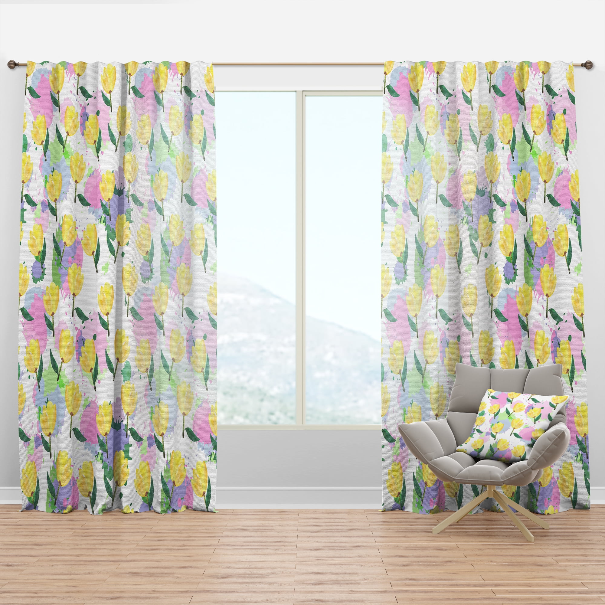Designart 'Flowers With Floral Pattern' Mid-Century Modern Curtain Panel