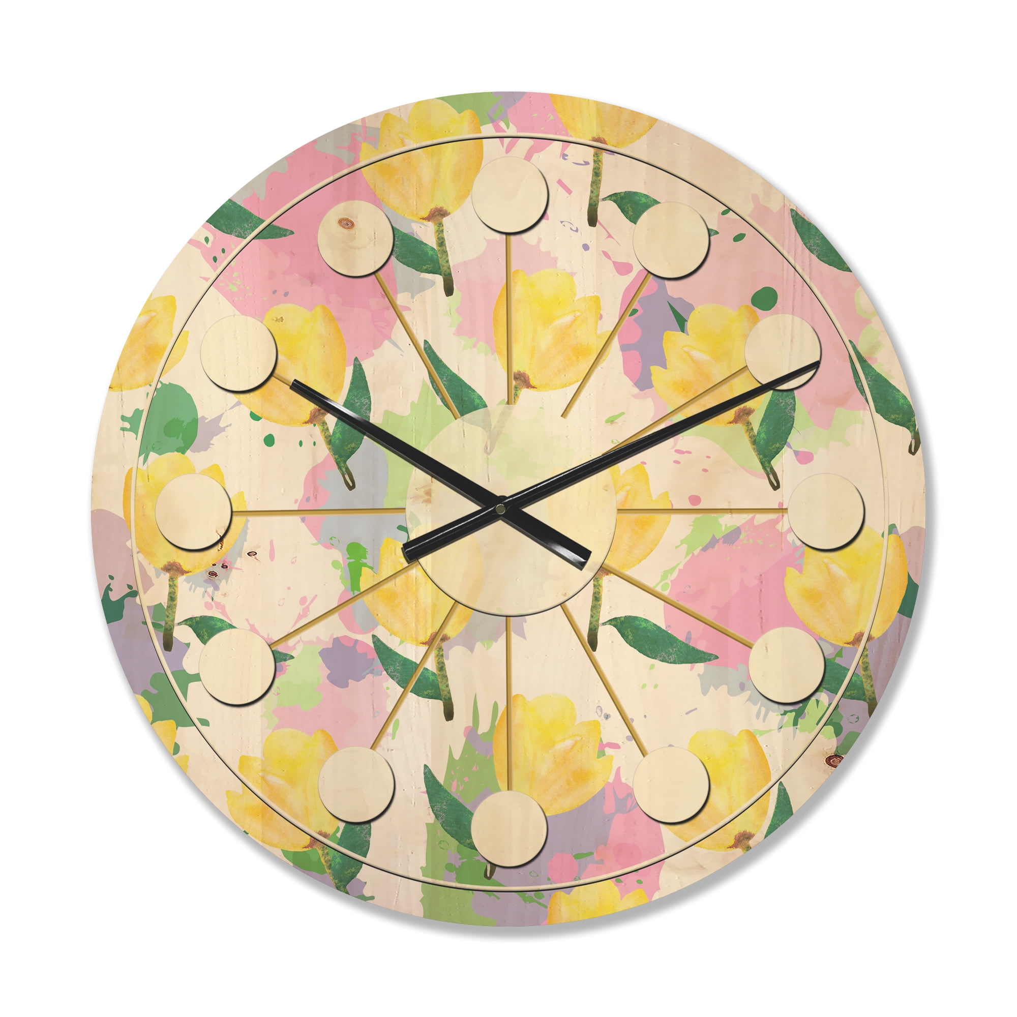 Designart 'Flowers With Floral Pattern' Mid-Century Modern Wood Wall Clock