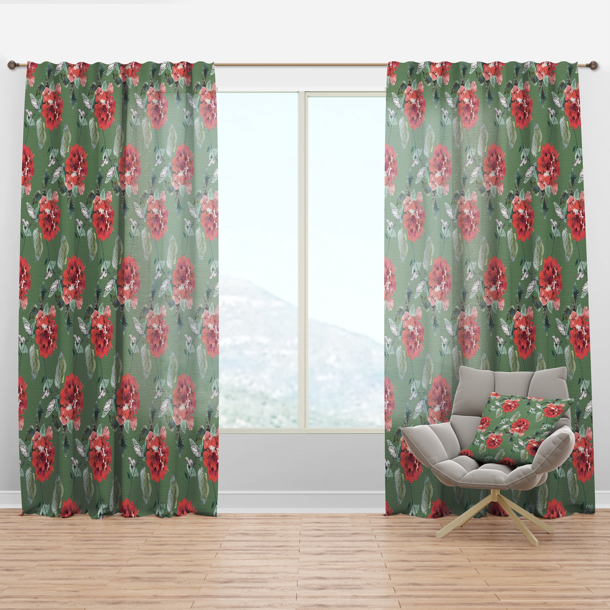 Designart 'Flowers With Green Leaves I' Floral Curtain Panel