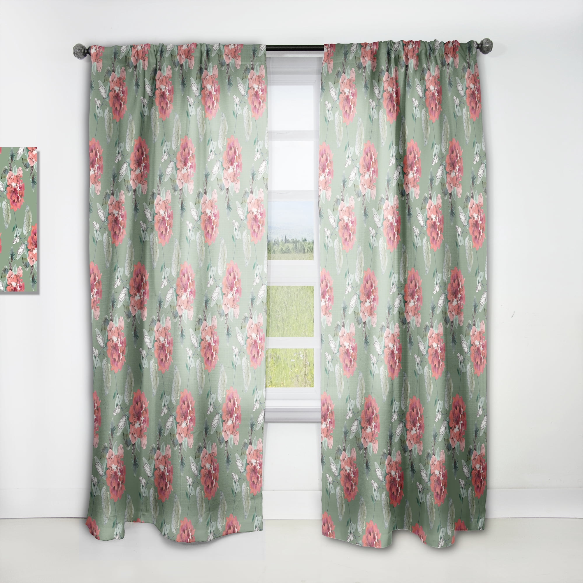 Designart 'Flowers With Green Leaves I' Floral Curtain Panel