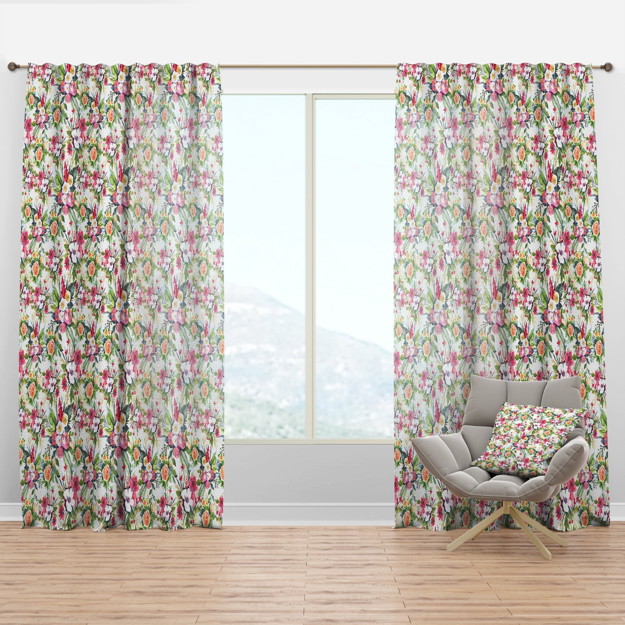 Designart 'Flowers With Green Leaves III' Floral Curtain Panel