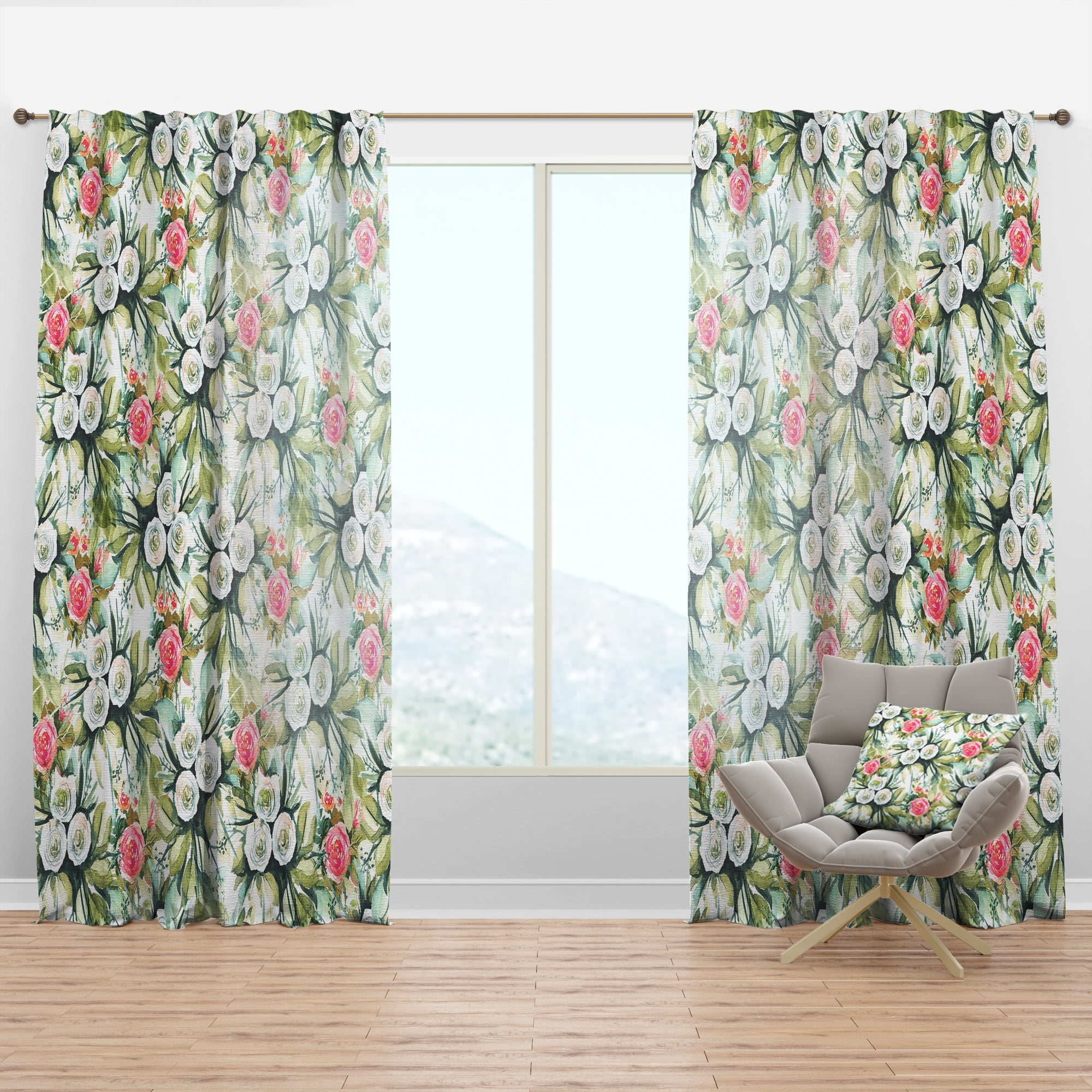 Designart 'Flowers With Green Leaves V' Floral Curtain Panel